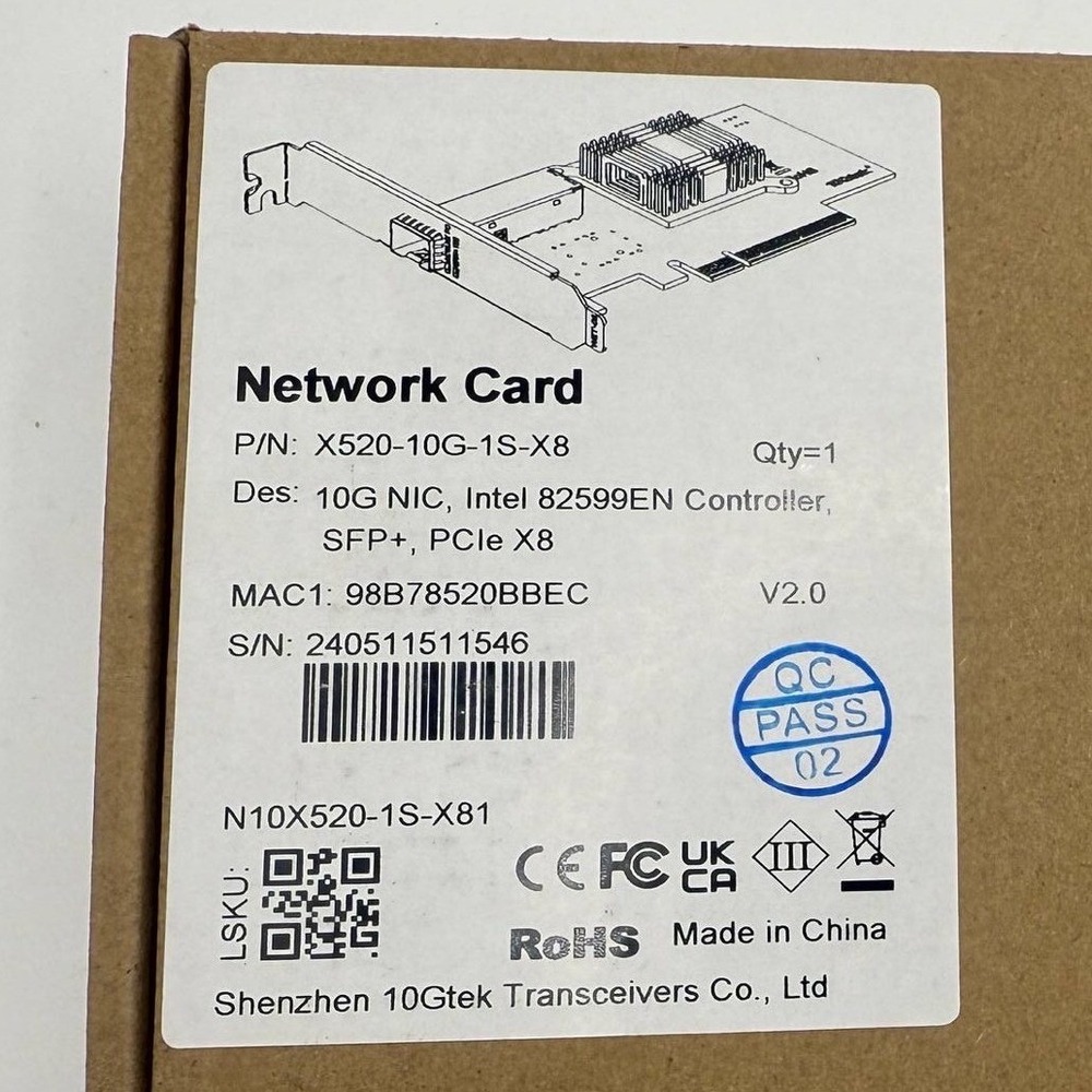 Intel X520 10G-1S Network Card PCIe X8 Port SFP Network Adapter